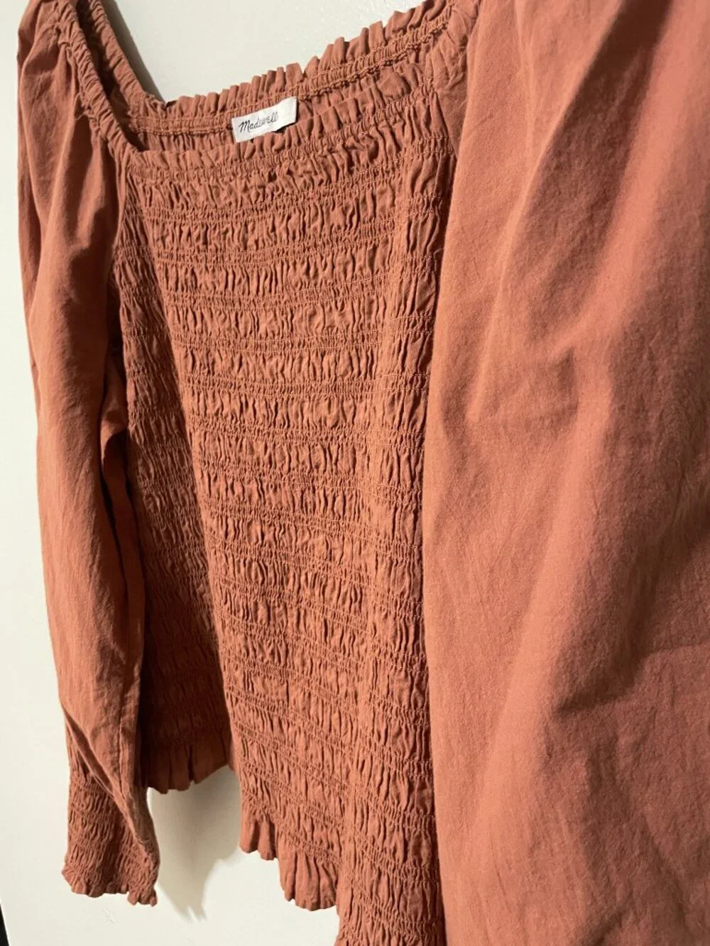 Madewell Lucie Smocked‎ Top Long Puff Sleeve Square Neck Size XL Warm Terracotta